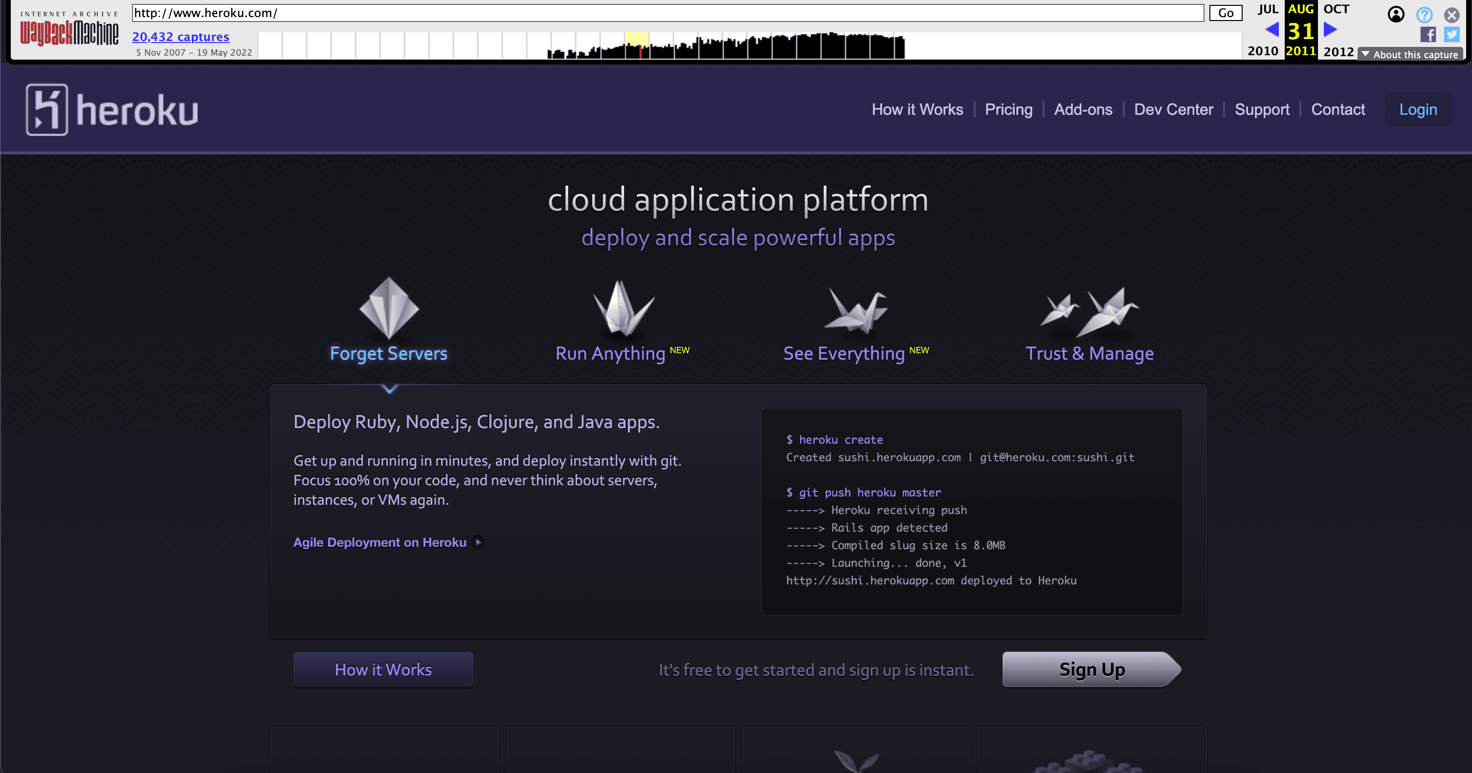 Heroku's landing page in 2011 after expanding past Ruby to become a cloud application platform